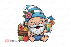 Cheerful gnome enjoying summer fruits and drink watermelon Product Image 1