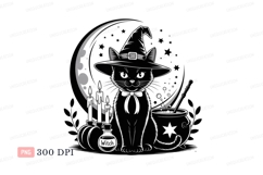 Black cat wearing witch hat with moon and cauldron Product Image 1