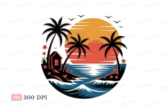Tropical sunset beach scene with palm trees CLIPART Product Image 1