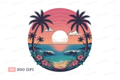 Tropical sunset beach scene with palm trees and flowers Product Image 1