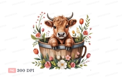Highland cow in wooden bucket surrounded by flowers Product Image 1