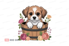 Adorable puppy in wooden bucket with roses image Product Image 1