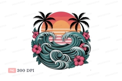 Ocean waves sunset hibiscus palm trees image Product Image 1