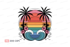 Sunset palms ocean waves hibiscus C L I P A R T trees Product Image 1