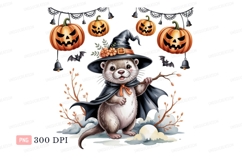 Otter witch with pumpkins and bats CLIPART cape Product Image 1
