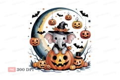 Cute elephant witch with pumpkins and moon clipart Product Image 1