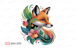 Orange fox surrounded by colorful foliage green pink Product Image 1