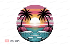 Tropical sunset ocean waves palm trees C L I P A R T Product Image 1