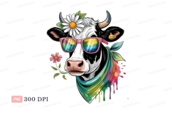 Hipster cow with sunglasses and flower bandana rainbow Product Image 1