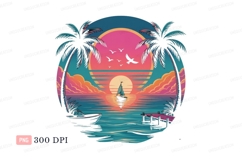 Tropical sunset sailboat ocean dock palm Product Image 1