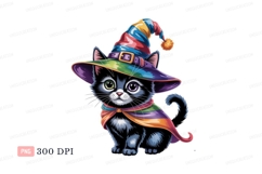 Black kitten wearing colorful wizard hat and scarf Product Image 1
