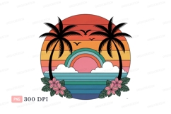 Tropical sunset beach scene with palm trees and flowers Product Image 1