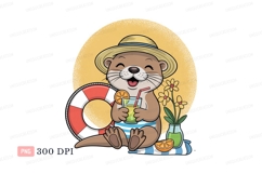 Cheerful otter enjoying summer drink lifebuoy Product Image 1