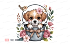 Adorable puppy in bucket with flowers roses Product Image 1