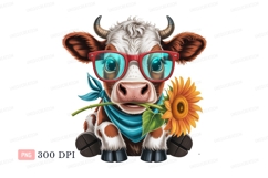 Cute cow wearing glasses holding sunflower blue Product Image 1