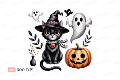 Black cat witch with ghosts and pumpkin CLIPART halloween Product Image 1