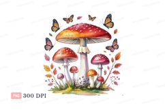 Red white spotted mushrooms butterflies autumn leaves Product Image 1