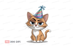 Grumpy orange cat wearing party hat white blue Product Image 1