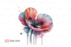 Vibrant watercolor poppy with dripping paint flower Product Image 1