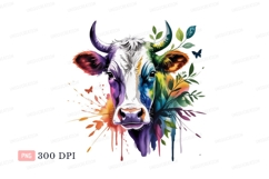 Colorful cow with floral accents butterfly watercolor Product Image 1