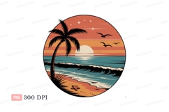 Tropical sunset beach palm trees ocean waves CLIPART Product Image 1