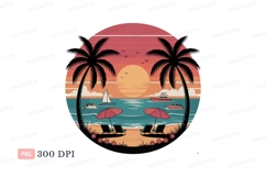 Tropical sunset beach scene with palm trees and boats Product Image 1