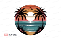 Sunset ocean palm trees birds image Product Image 1