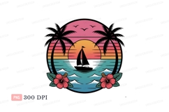 Sunset sailboat ocean palm trees hibiscus C L I P A R T Product Image 1