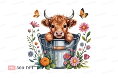Fluffy calf in bucket with flowers butterflies CLIPART Product Image 1