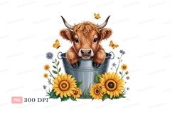 Fluffy cow in bucket with sunflowers calf highland Product Image 1