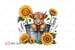 Highland calf in bucket with sunflowers image Product Image 1