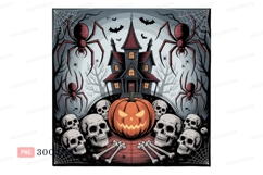 Spooky haunted house with spiders bats skulls and pumpkin Product Image 1
