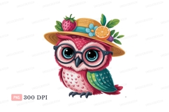 Pink owl wearing straw hat with fruit image Product Image 1