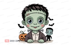 Cute green monster boy with pumpkin halloween Product Image 1
