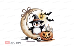 Penguin witch on moon with pumpkin image Product Image 1