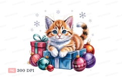 Orange tabby kitten with blue eyes and festive ornaments Product Image 1