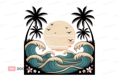 Ocean waves sunset palm trees birds image Product Image 1