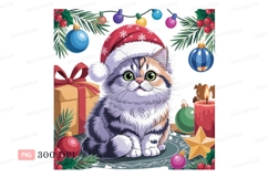 Fluffy cat wearing santa hat surrounded by christmas decorat Product Image 1