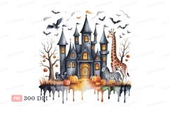 Spooky castle with animals and pumpkins halloween bats Product Image 1