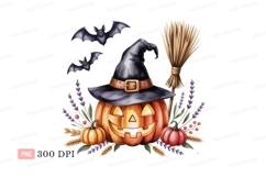 Halloween pumpkin witch hat bats broom image Product Image 1