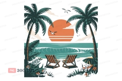 Tropical beach sunset with palm trees and lounge chairs Product Image 1