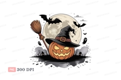 Jackolantern witch hat broom moon bats halloween pumpkin Product Image 1