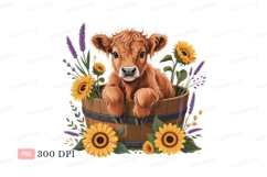 Fluffy calf in wooden barrel with sunflowers highland Product Image 1