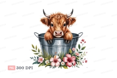 Highland cow in bucket with flowers pink Product Image 1