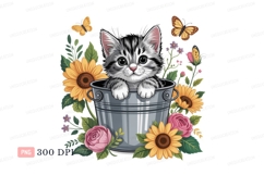 Kitten in bucket surrounded by flowers and butterflies Product Image 1
