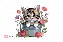 Kitten in bucket surrounded by flowers pink Product Image 1