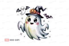 Cute ghost wearing witch hat with pumpkin halloween Product Image 1
