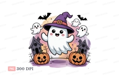 Happy ghosts wearing witch hat and pumpkins halloween Product Image 1