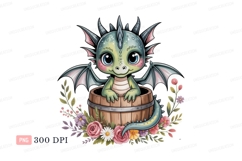 Baby dragon in barrel with flowers green Product Image 1