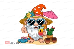 Cheerful gnome enjoying summer drink vacation cocktail Product Image 1